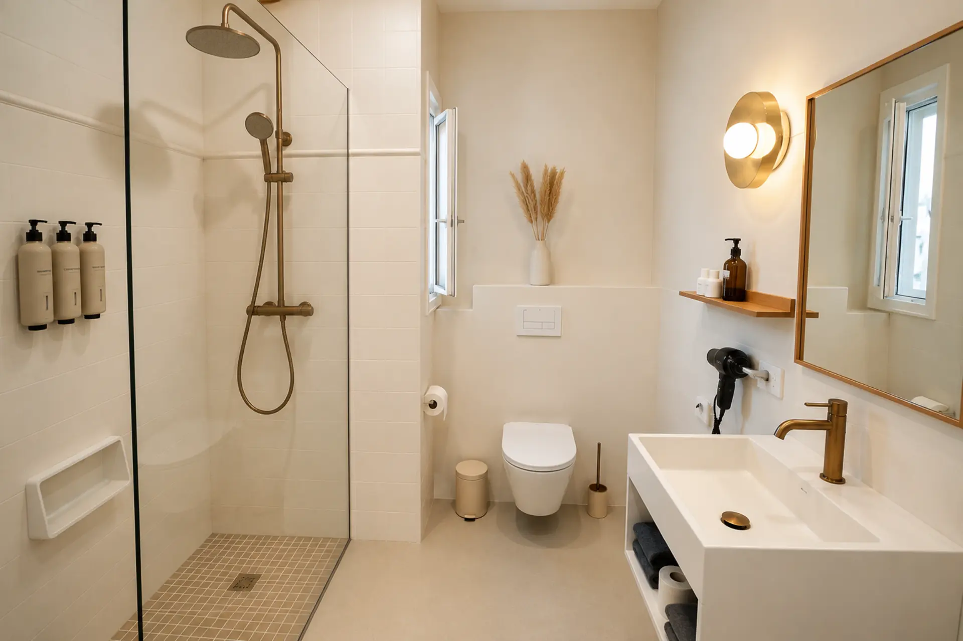Baño con ducha de obra y materiales naturales — Hotel S'Algaret