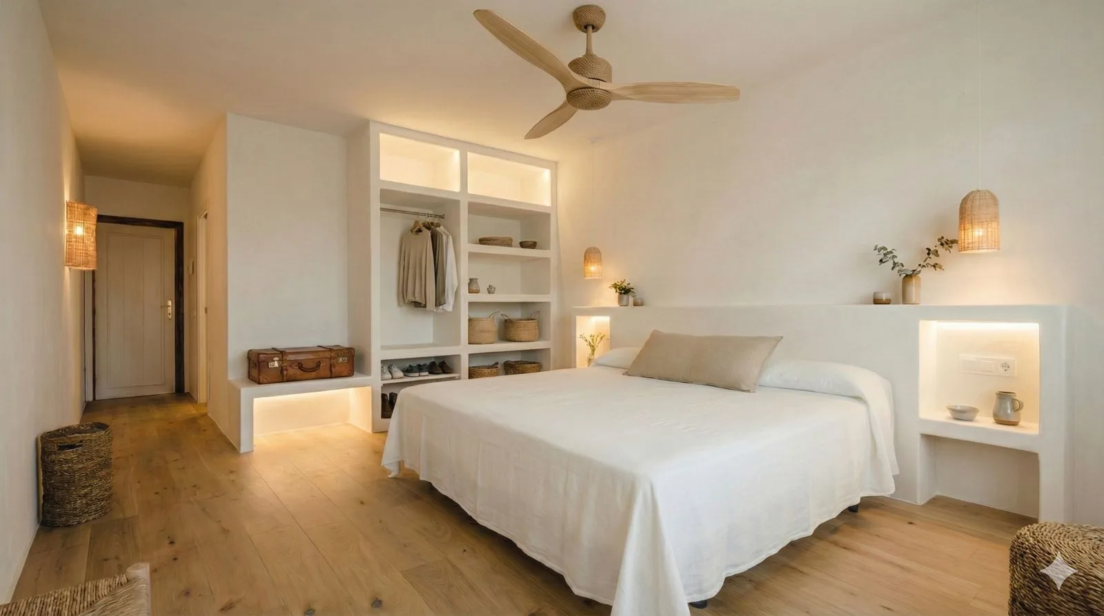 Habitación Hotel S'Algaret — materiales naturales, luz mediterránea